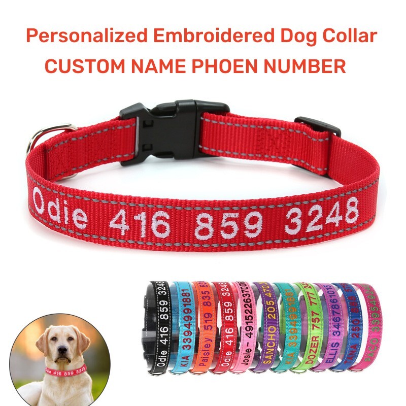 Personalized Dog Collar Embroidered For Small Medium Large Nylon Reflective S-XL