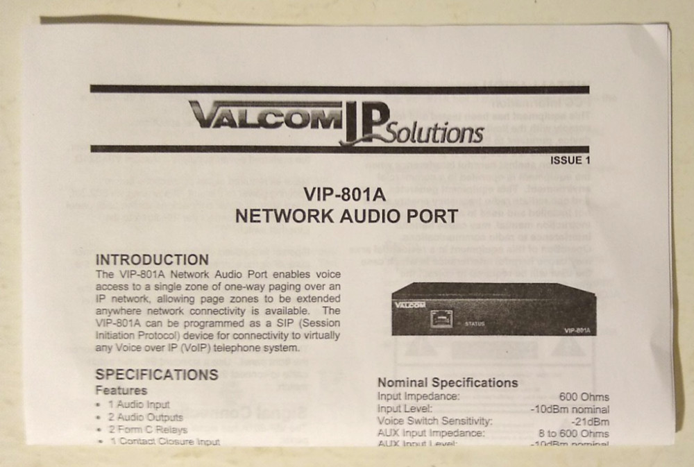 Valcom VIP-801A SIP VoIP Paging Adapter IP Audio Gateway Interface