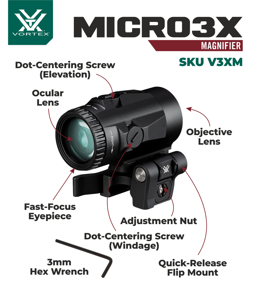 Vortex Optics Micro3X Red Dot Sight Magnifier w/ CF Hat and Cleaning Pen Bundle