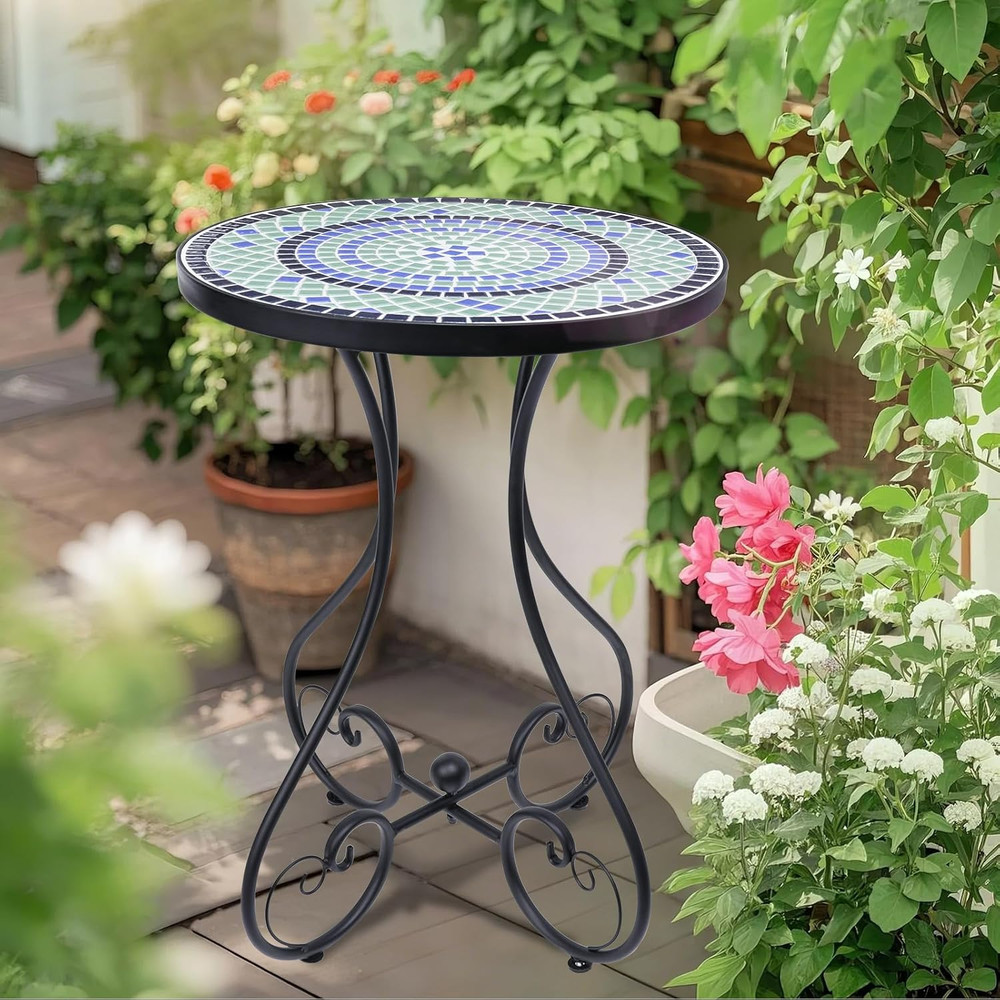 Mosaic Outdoor Side Table, Round Rustproof Patio Table with 14" Ceramic Tile Top