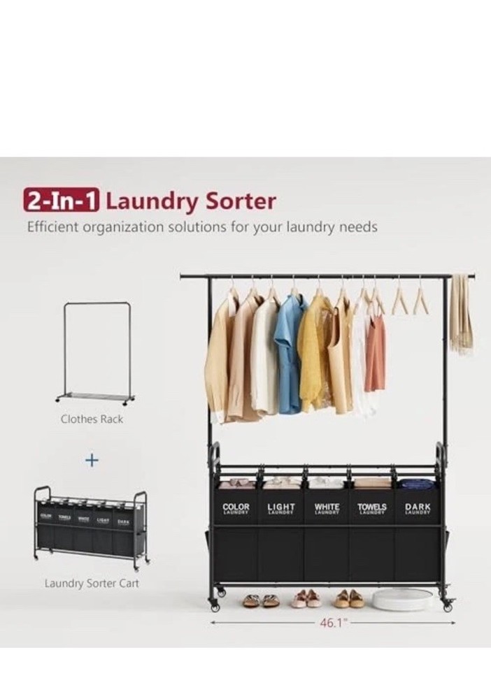 Laundry Sorter with Hanging Rack, 5 Sections Laundry Sorter with Black