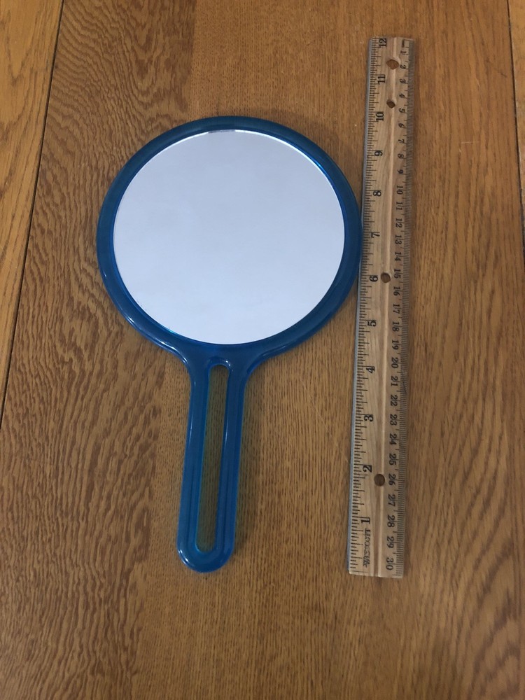 VINTAGE BLUE HANDLE DOUBLE SIDED CIRCULAR PLASTIC MIRROR