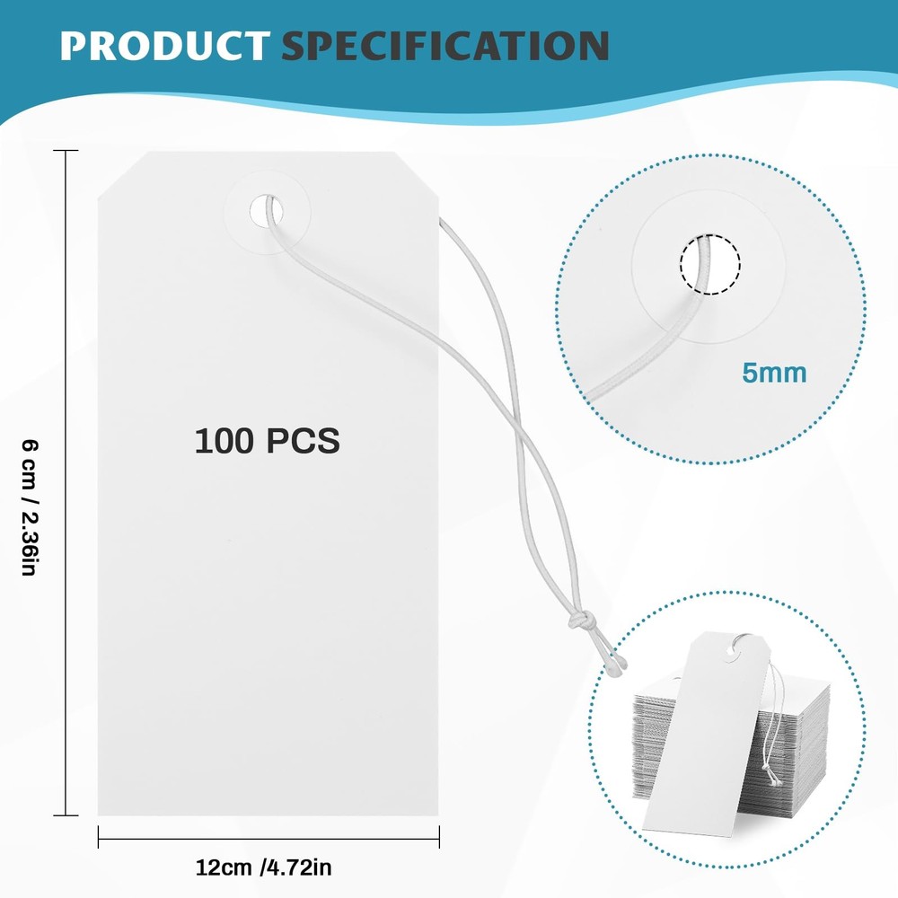 100 Pack White Shipping Tags with Elastic String Blank Labeling Tags with Str...