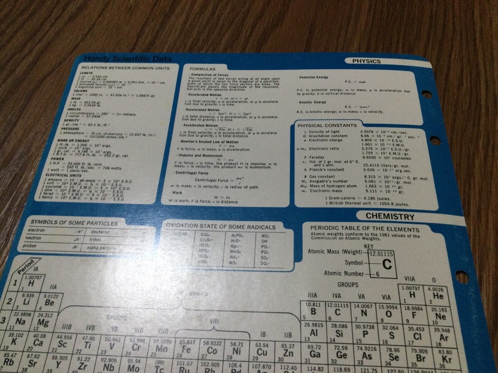VINTAGE CHART Handy Scientific Data Air Force Recruiting Sheet Physics Chemistry