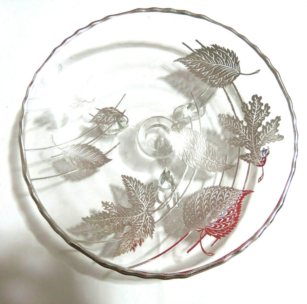 Rhodium Silver Plated Glass Candy Dish Leaf Pattern 7.5