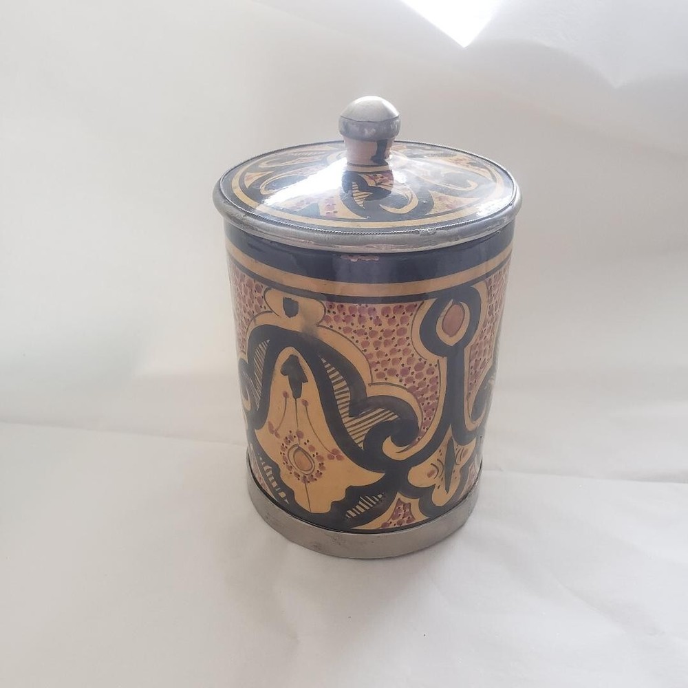 Middle Eastern Large Ceramic Sugar / Flour Container Brass/Copper Lining ?? 8X6"