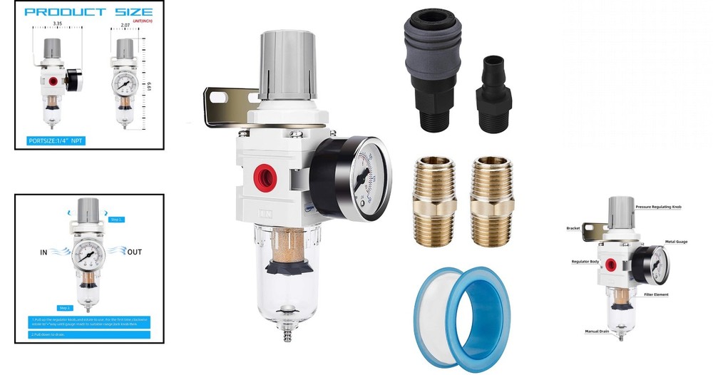5 Micron Brass Element Air Filter Regulator Combo with Poly Bowl & Metal Bracket