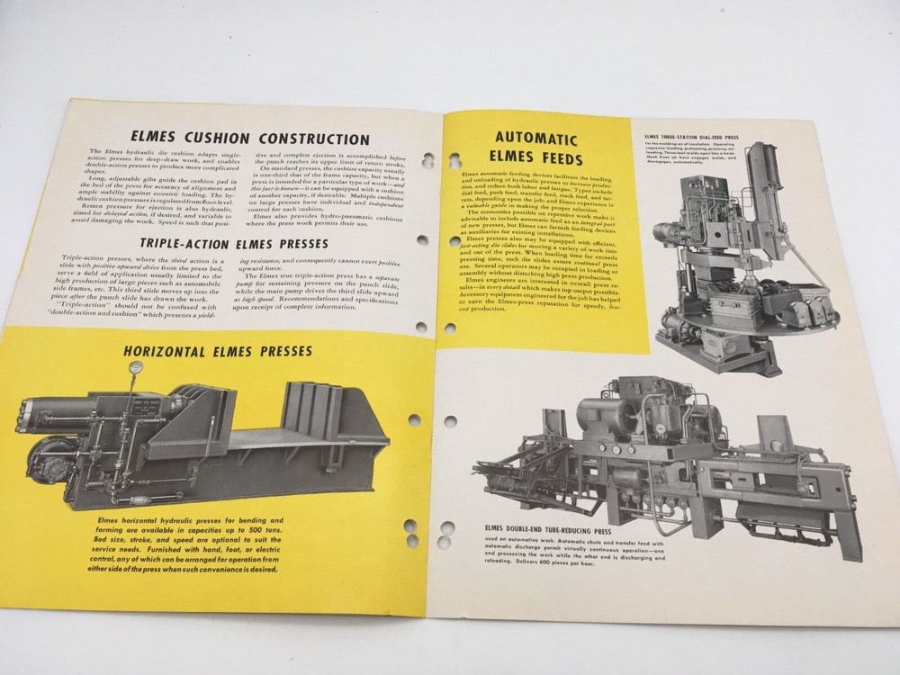 VINTAGE 1948 ELMES HYDRAULIC PRESS SALES/ SPECIFICATION BROCHURE