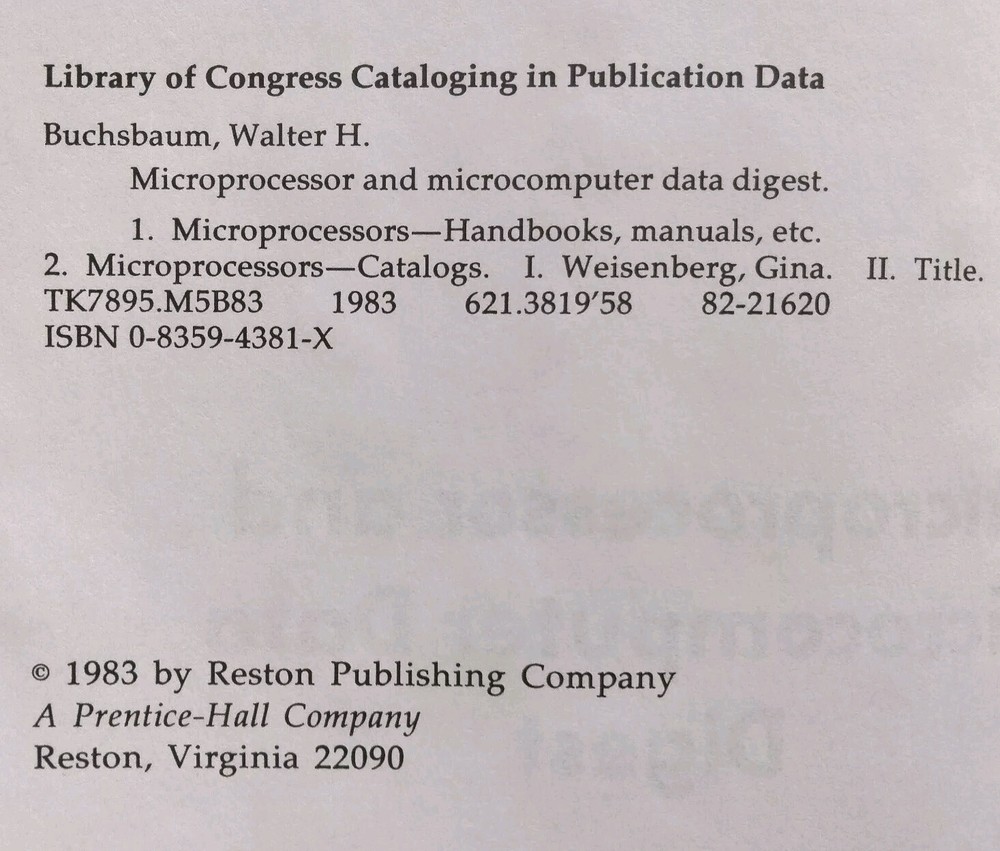 Microprocessor and Microcomputer Data Digest Walter Buchsbaum Weissenberg 1983