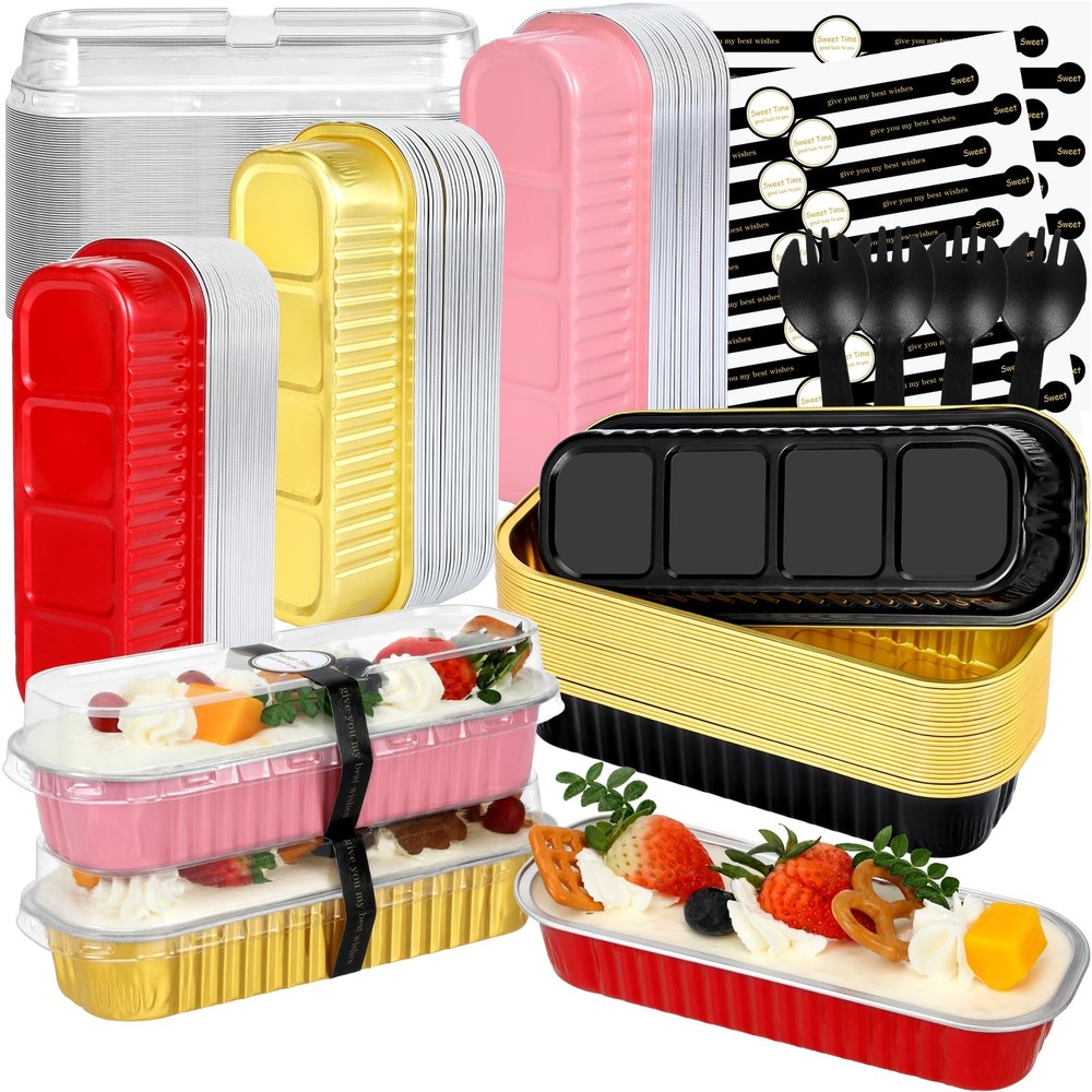 Mini Loaf Pans with Lids and Spoons (100 Pack, Mixed color, 6.8oz) Rectangular A