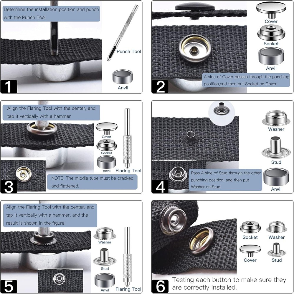 100 PCS 15MM Snap Fastener Kit Tool Button kit Snaps for Leather Silver