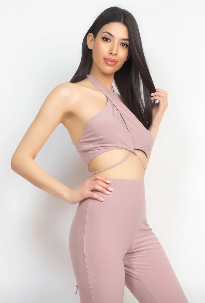 Solid Halter Top And Elastic Leggings Set