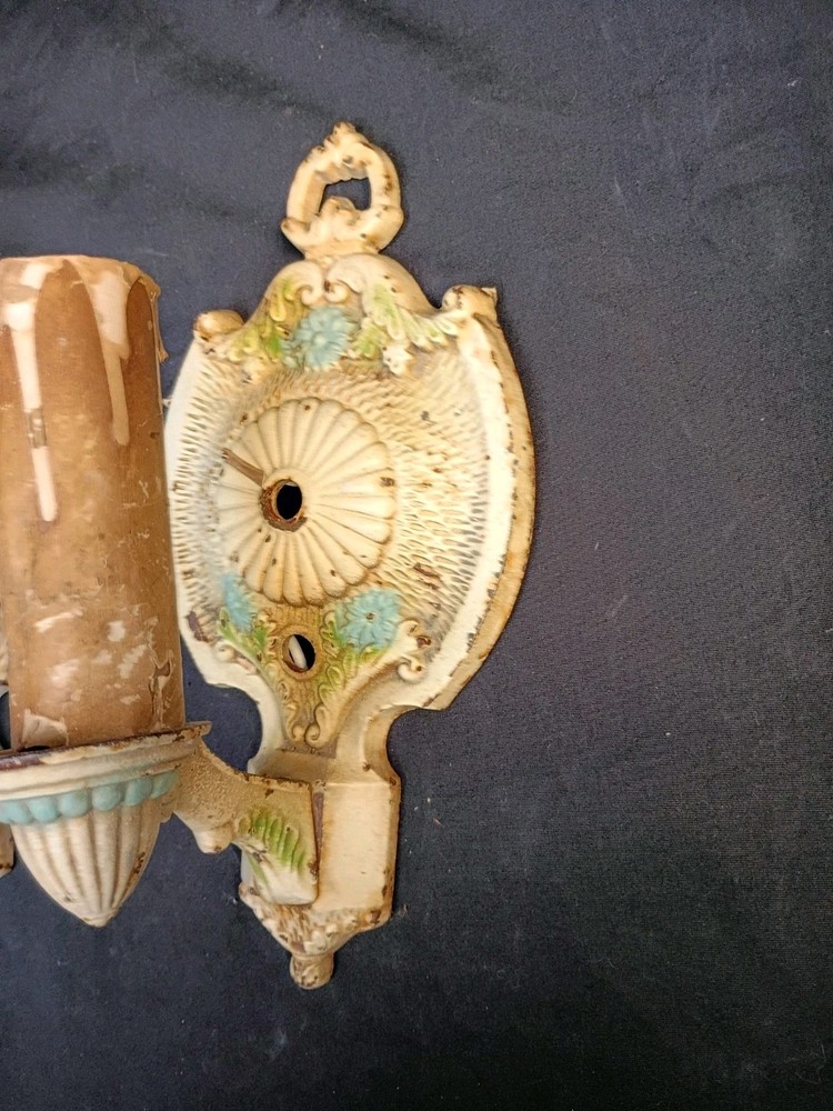 Antique Pair Single Arm Wall Sconces Original Paint Cast Iron