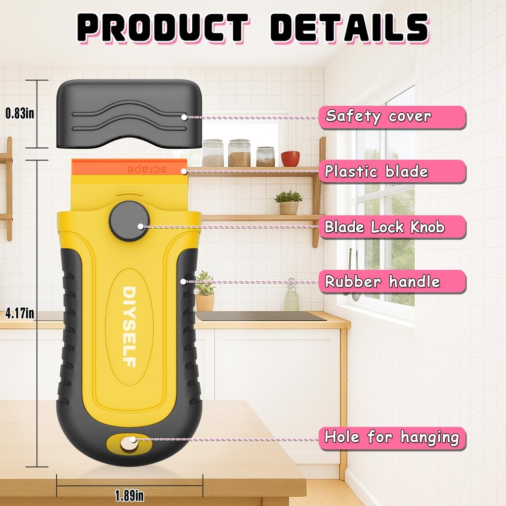 DIYSELF 2 Pcs Plastic Razor Blade Scraper with 2 Pack, Yellow-plastic Blades