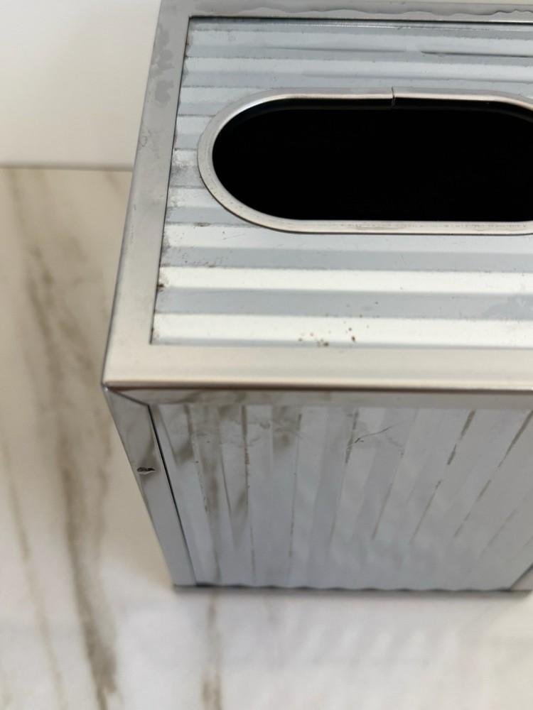 Chrome Tissue Box Vertical Rubbed Design Modern Art Deco Design Silver Read