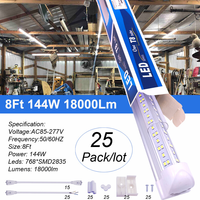 25 Pack 8 Foot LED Shop Light Fixture 8FT T8 LED Tube Light 8' 144W Garage Light