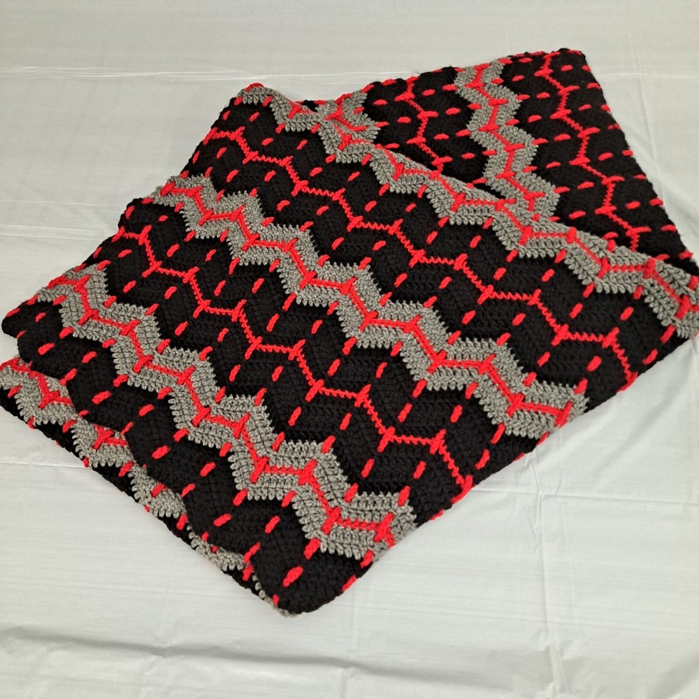 Afghan Blanket Red Black Grey Crocheted Bed Throw 48" x 67"