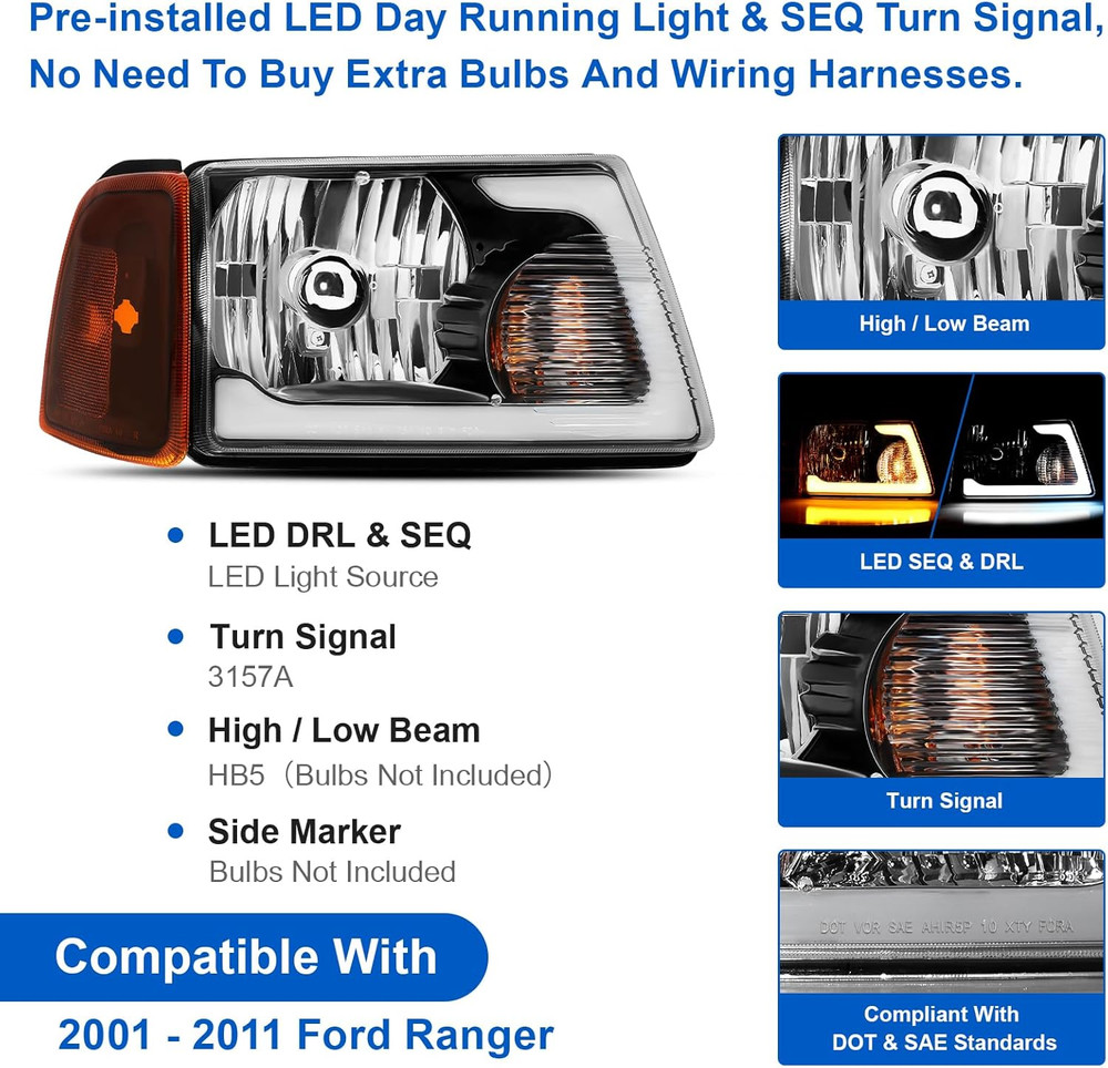 Headlight Assembly Fit for 2001-2011 Ford Ranger W/Led DRL Sequential Turn Light