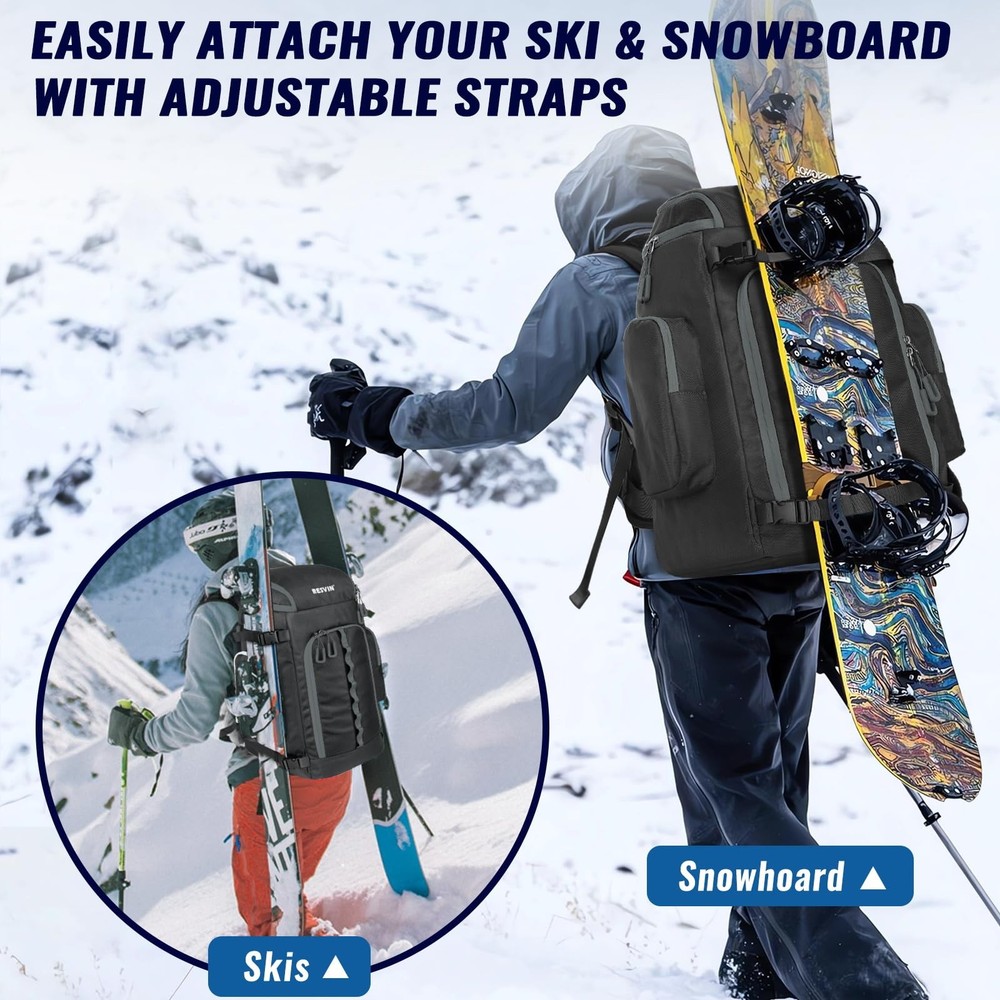 Ski Boot Bag, 65L Durable Travel Backpack, 1680D Nylon Waterproof Snowboard B...