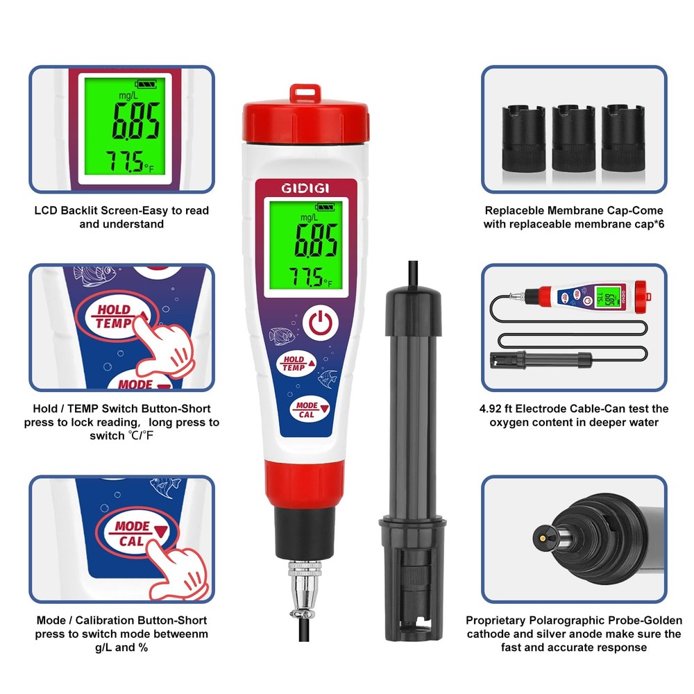 GIDIGI Digital Dissolved Oxygen Meter,Dissolved Test Kit with 4.92 Red