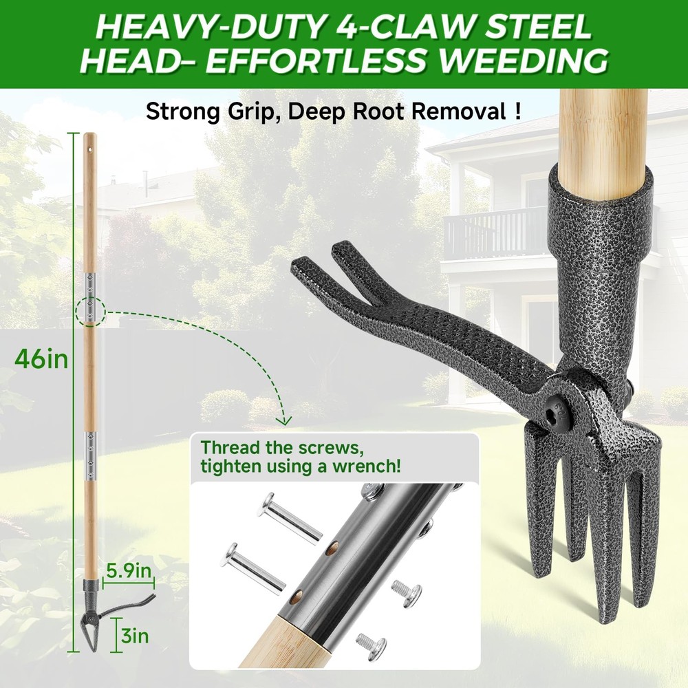 Weed Puller Tool, Stand Up Heavy Duty Root Removal Tool with 4-Claw Head & Lo...