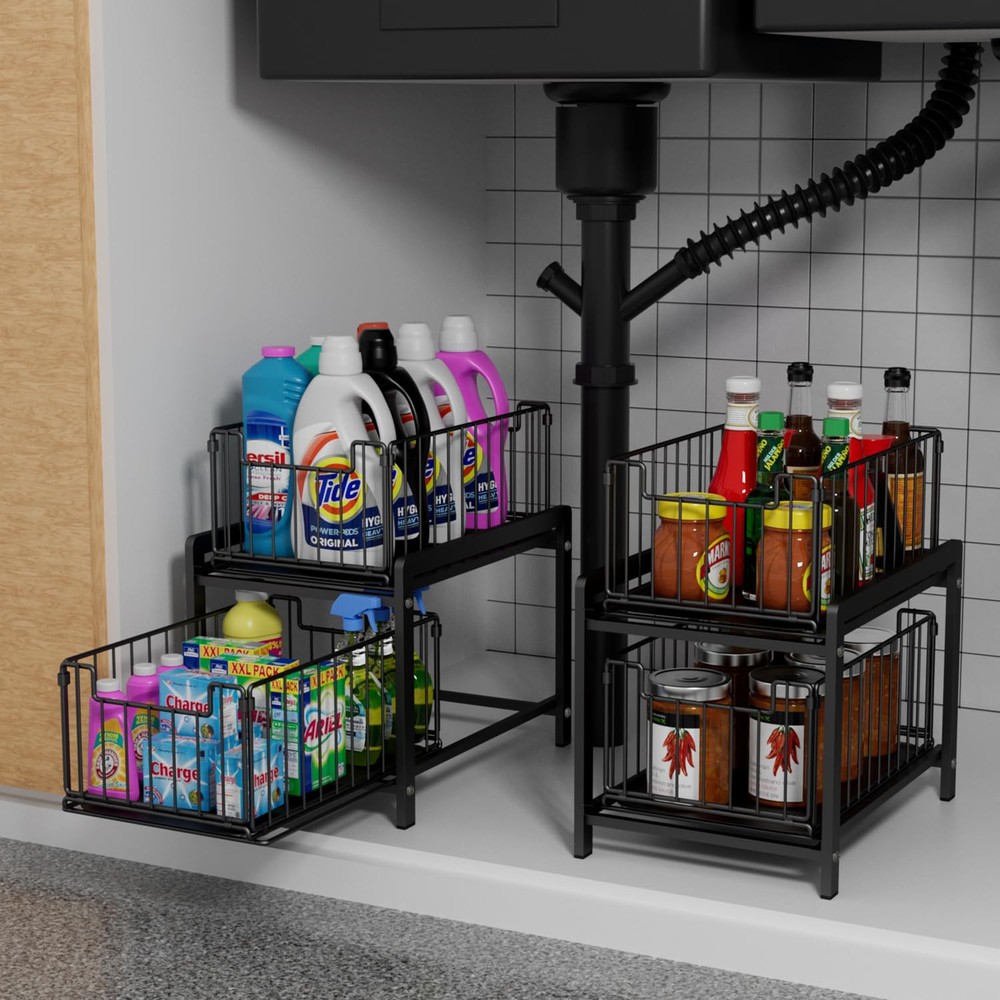 2 Tier Sliding Basket Drawer Organizer, Pull Out Under Sink Cabinets Organize...