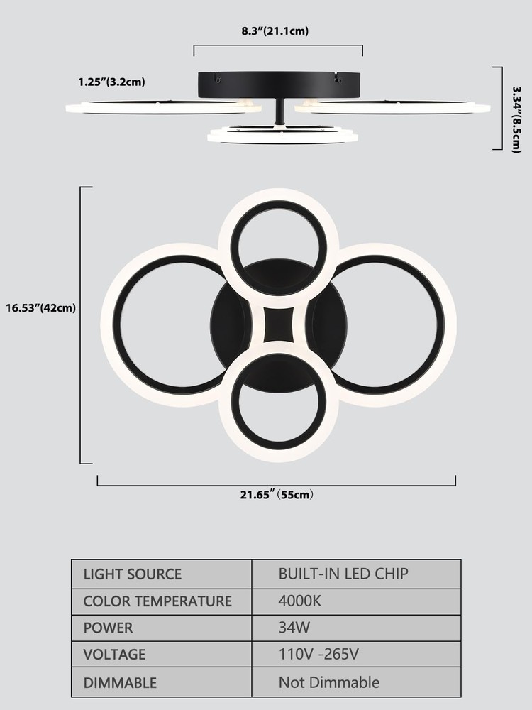 Vikaey Modern LED Flush Mount Ceiling Light, 4 Rings Black 4-Light,
