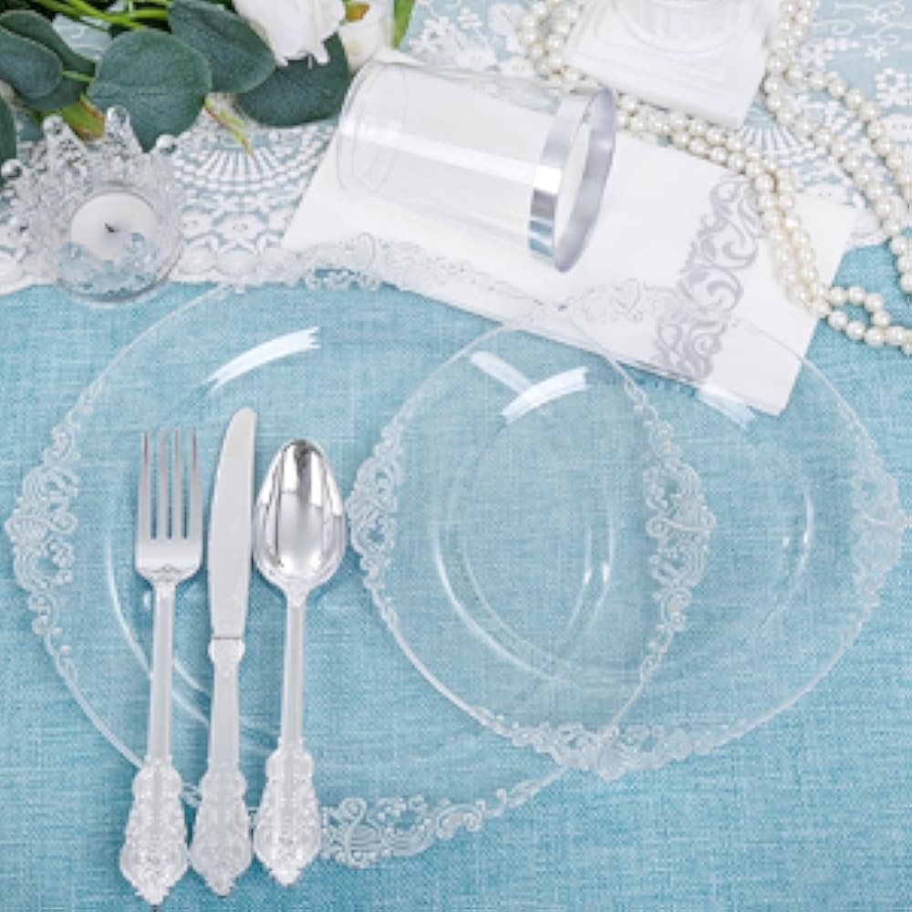 Clear Sier Plastic Plates -Include 50 Plates, 25 Cups, 25