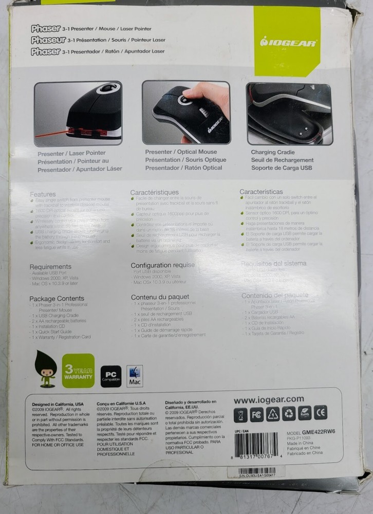 IOGEAR Phaser 3-1 Presenter/Mouse/Laser Pointer