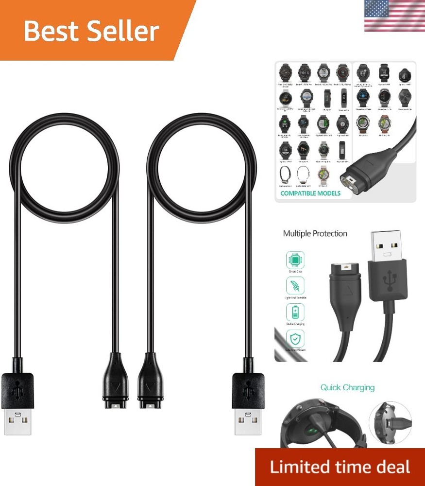 Durable 2-Pack USB Type A Garmin Watch Charging Cable - Universal Compatibility