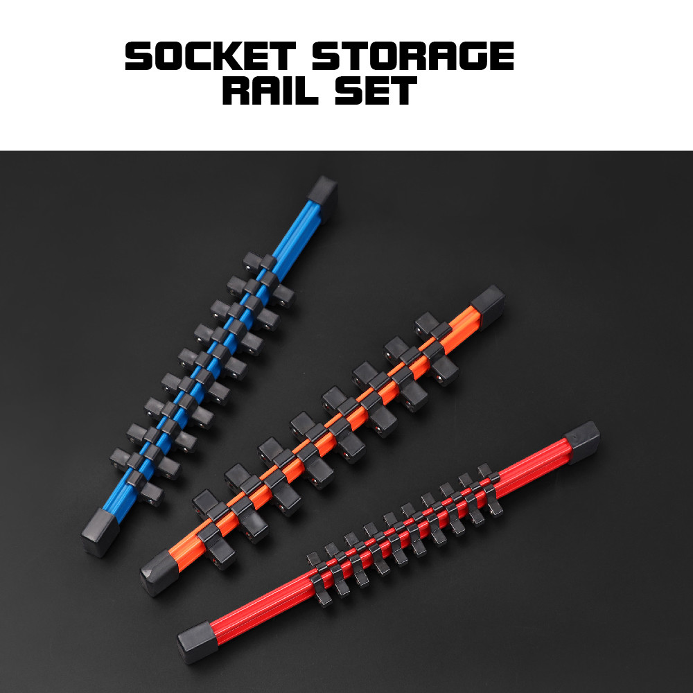 3pc Socket Organizer | 1/4 3/8 1/2" Mountable Sliding Holder Rail Tool Storage