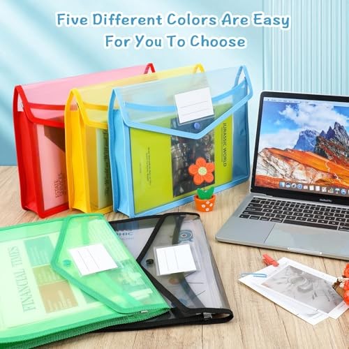 Plastic File Folders, 5 Pack A4 Poly Envelope Expanding File Multicolored