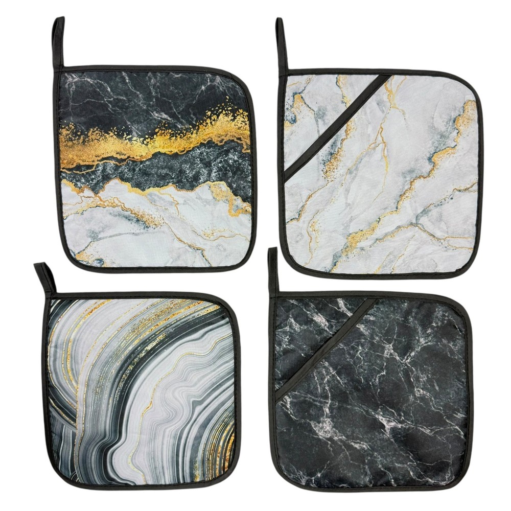 4-Piece Square Potholder Set Marble-Look Black Gold Silver