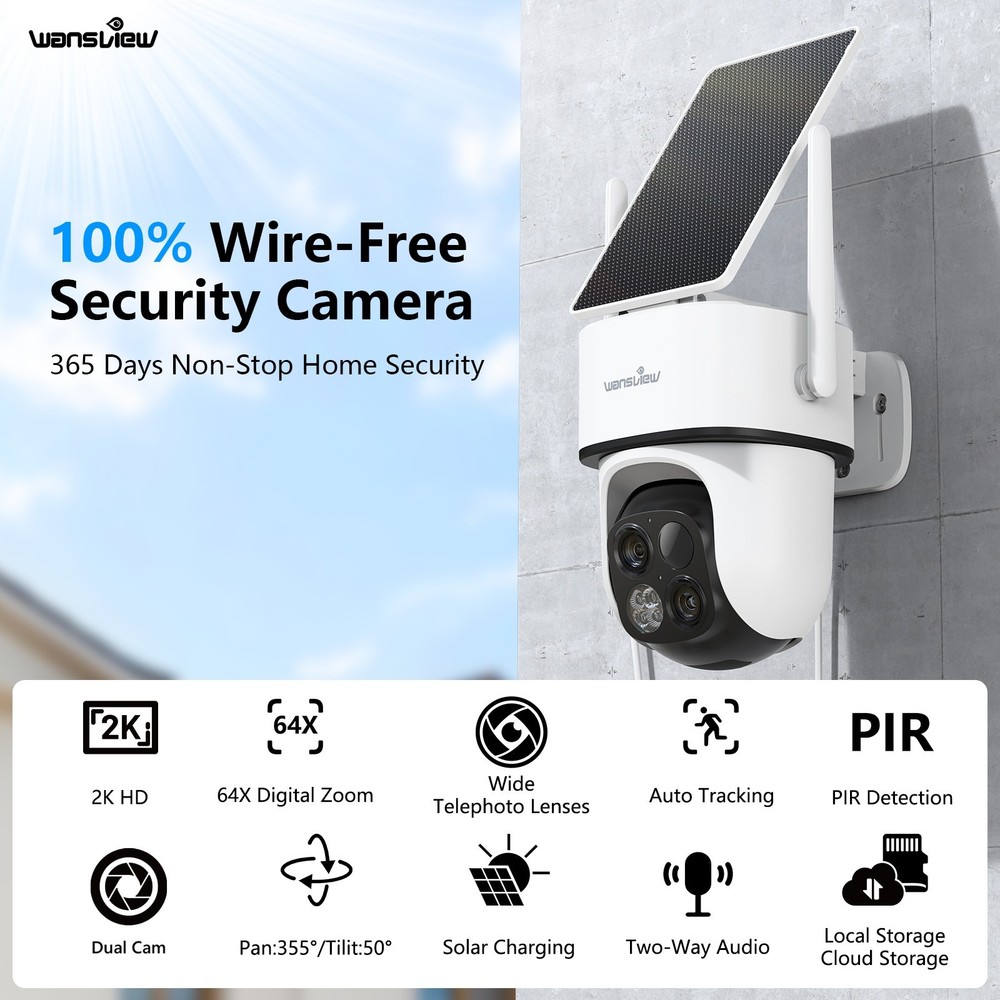 Wansview Dual-Lens Wireless Solar Security Camera 360°PTZ 2K Human Detection