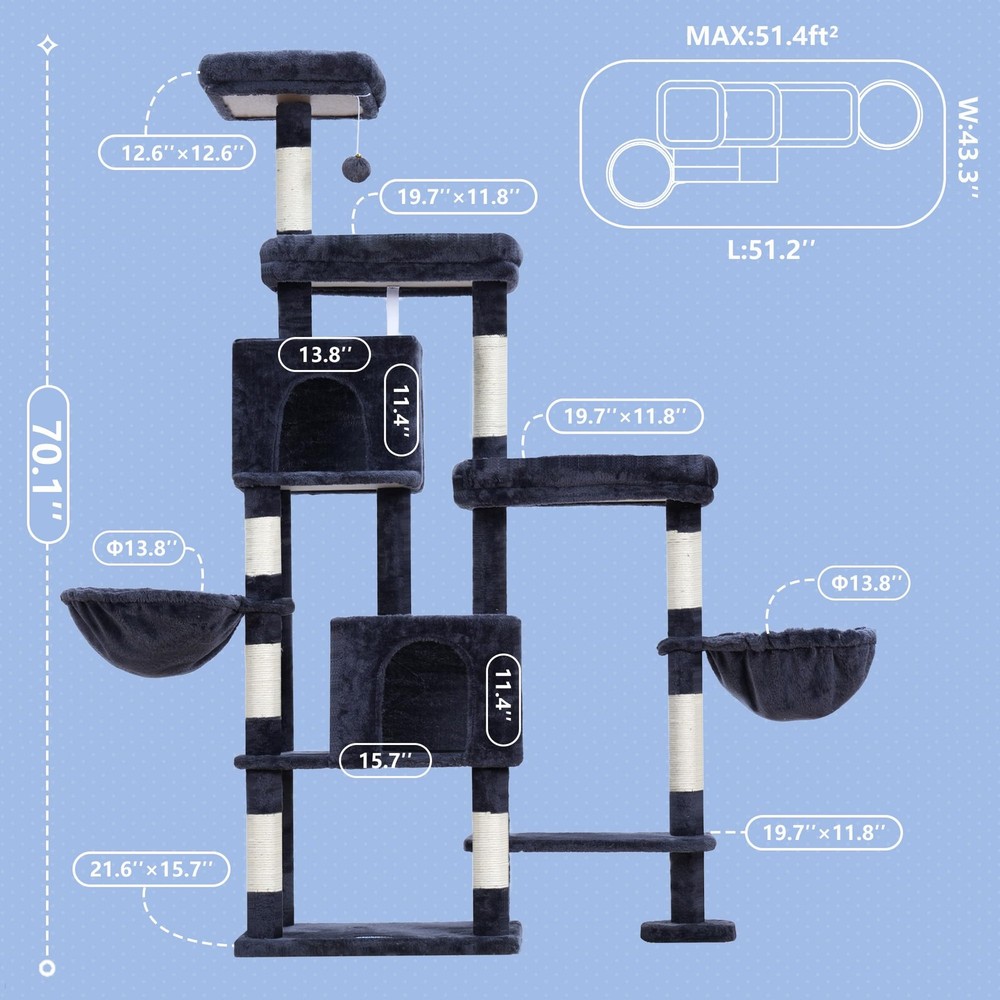 Cat Tree Tower, Scratching Posts with a Extended Part, Wide Platforms, Cozy C...