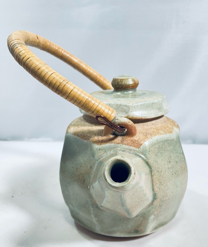 Studio Pottery Celadon Teapot Small Ceramic Rattan Wrapped Handle