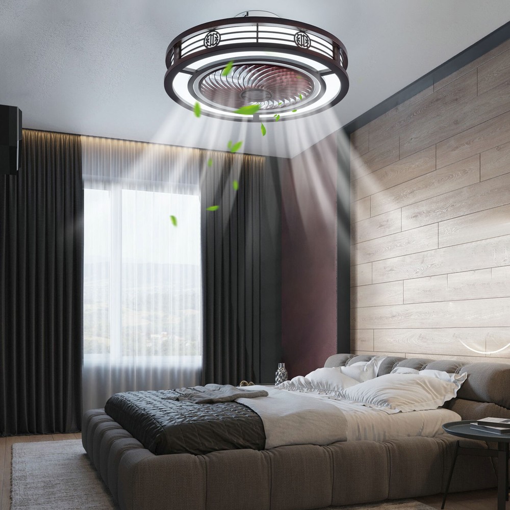 Caged Low Profile Ceiling Fan with Remote Control - Neo-Chinese Design