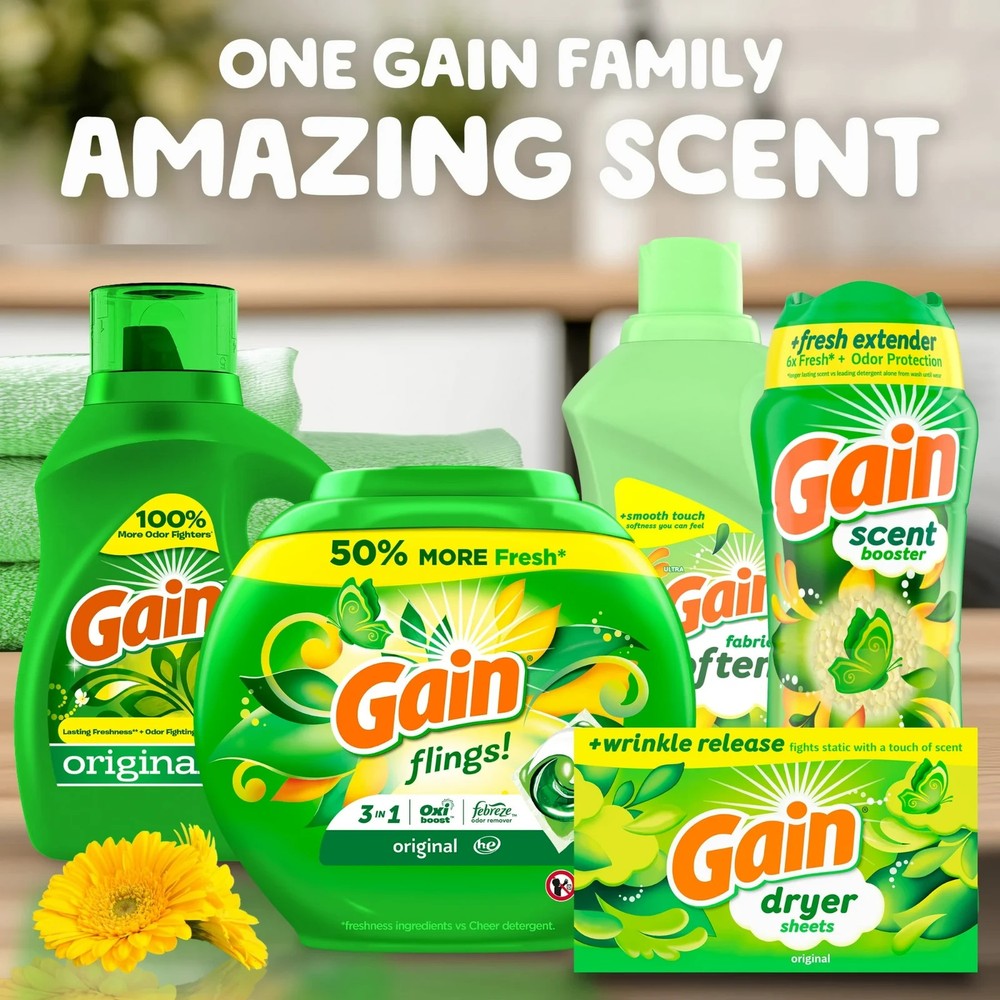 3 Pack Gain Laundry Detergent Liquid with Odor Fighters, Original Scent, 154oz