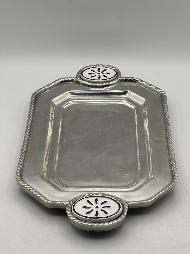 Pewter Mexicano Platter With Ceramic Tile Handle Embellishments