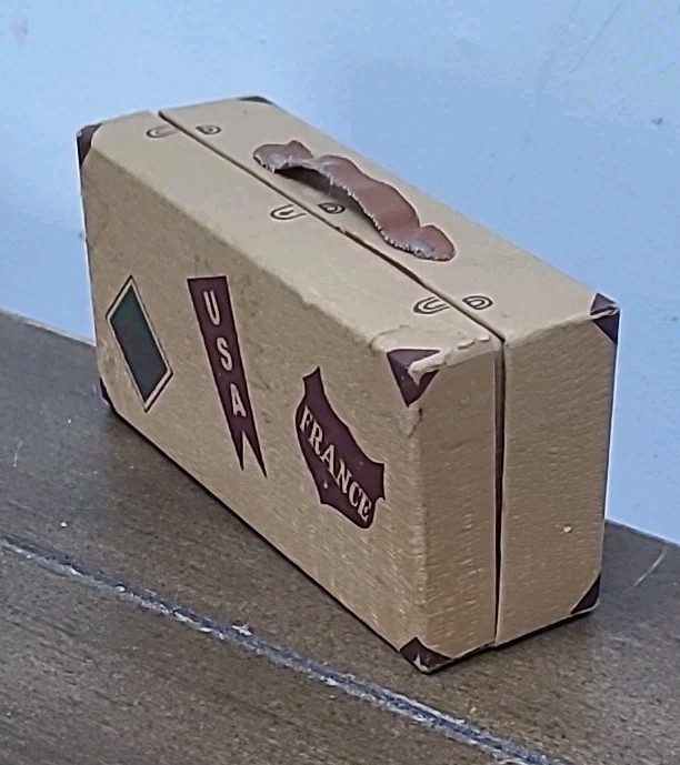 Antique Candy Container Suitcase Travel Stamps Leather Handle
