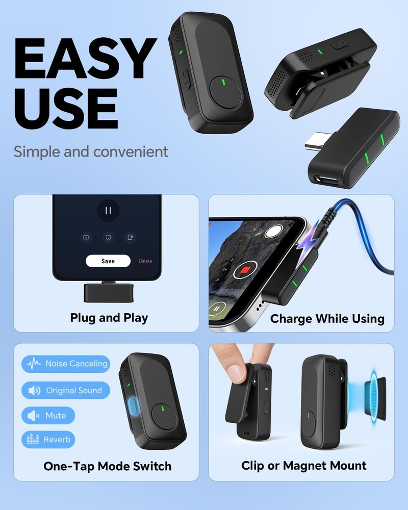 Wireless Lavalier Microphone for iPhone/Android Phone/Laptop/PC, Mini Lapel M...