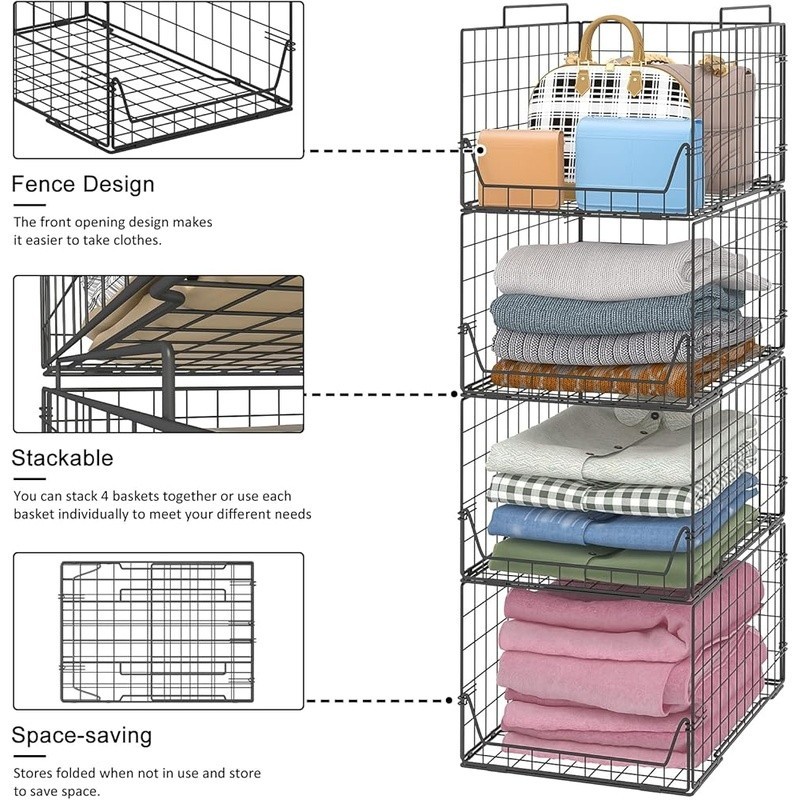 Stackable Storage Baskets Set of 4 Durable Closet Organizer Easy Foldable Use