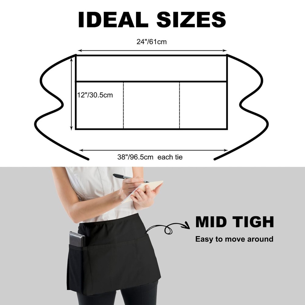 PLOYMONO Server Apron with 3 Pockets, 3 Pack Short Waist Apron for Waitress W...