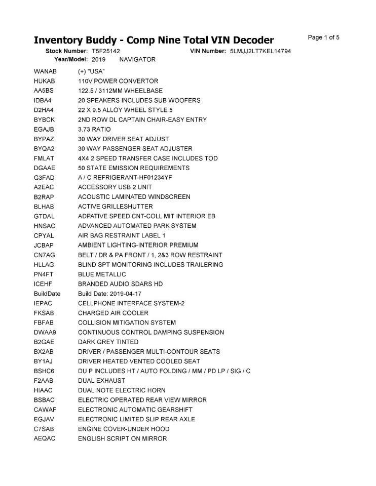 NAVIGATOR 2019 Transmission Shift 934416