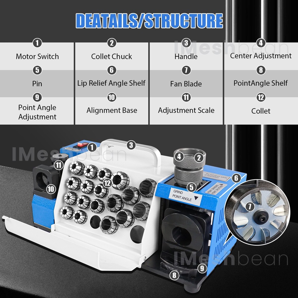 3-20mm Drill Bits Sharpener 95°-135° Bits Grinder Sharpener w/18 Collets 2 Wheel