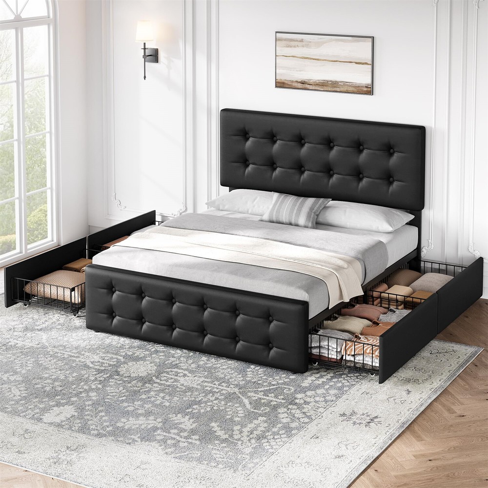 🎱✅Full Size Bed Frame with 4 Storage Drawers and Headboard Upholstered Platform