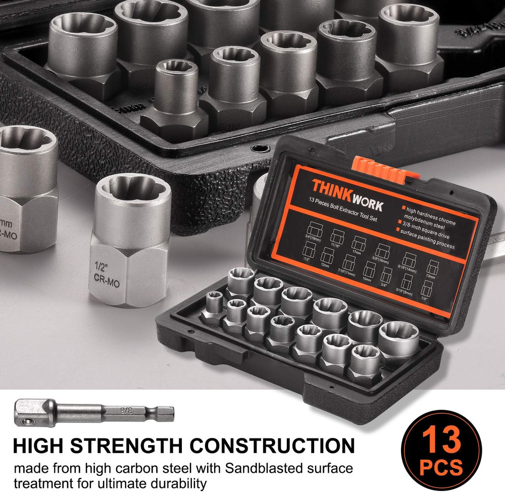 THINKWORK Bolt Extractor Kit, 13+1 Pieces Nut Extractor Socket Set, 3/8" Drive R