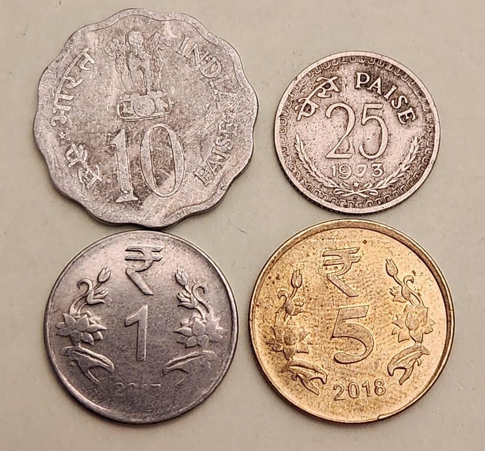 4x India coins,  10  25 Paisa  &  1  5  Rupees, 1973-2018