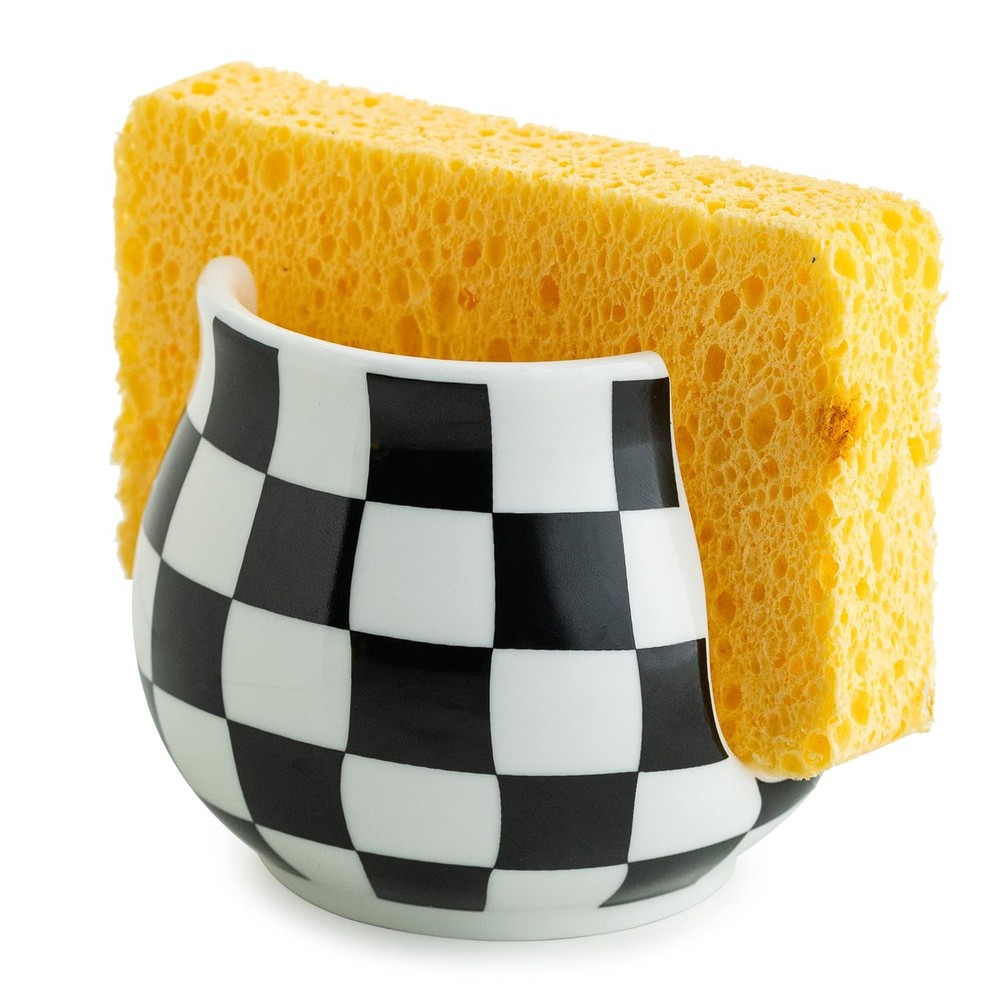 Checkered Sponge Holder for Kitchen Sink, Ceramic Dish Sponge Dish Rack Scrub...