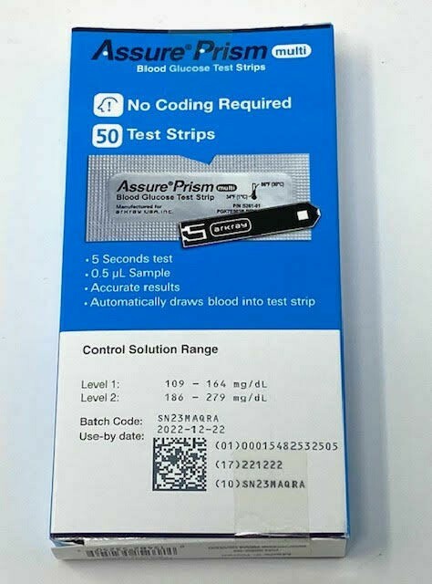 Assure Prism Blood Glucose Diabetic Test Strips Automatic Coding 50 Strips 12/22